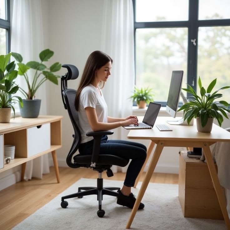Person adjusting an office chair height lever beside a properly aligned desk setup